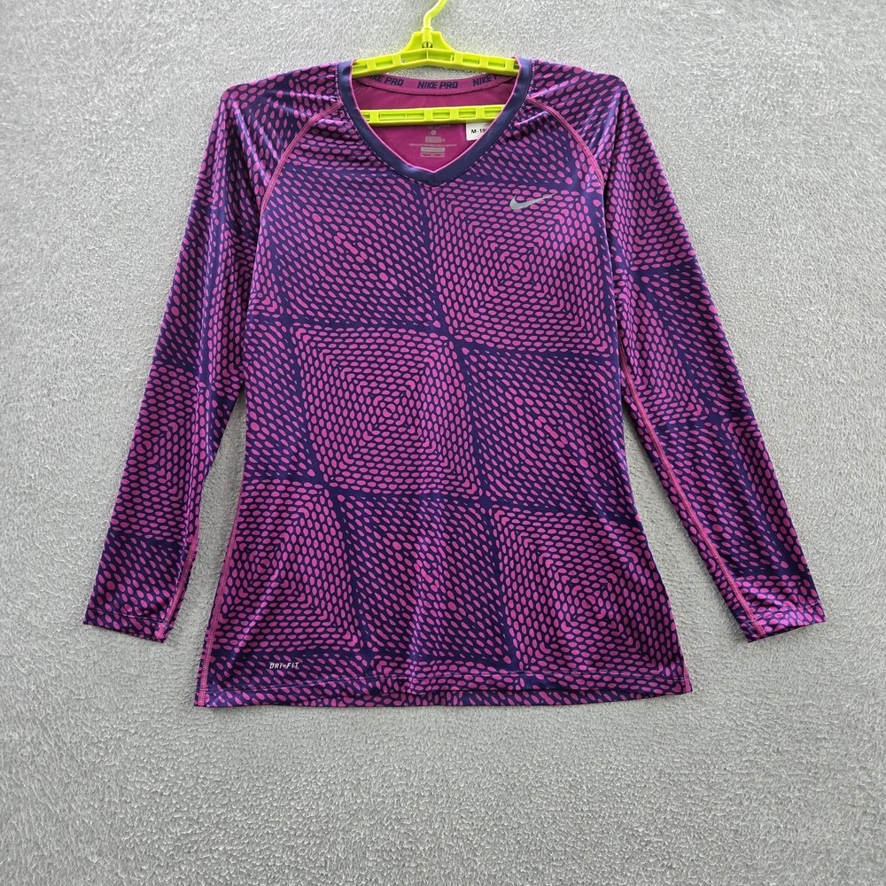 Nike Women Activewear Top XL Purple Geometric Dri-Fit Pro Fitted Long Sleeve